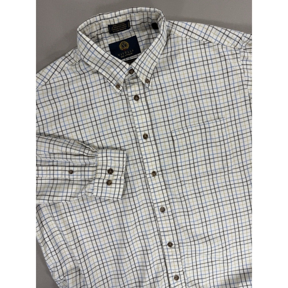 Vitella Shirt Men's XL White Plaid Long Sleeve Cotton Wool Traditional Fit